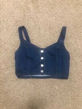 Iris Denim Micro Crop Top Blue Silver Buttons Adjustable Straps Small Like New